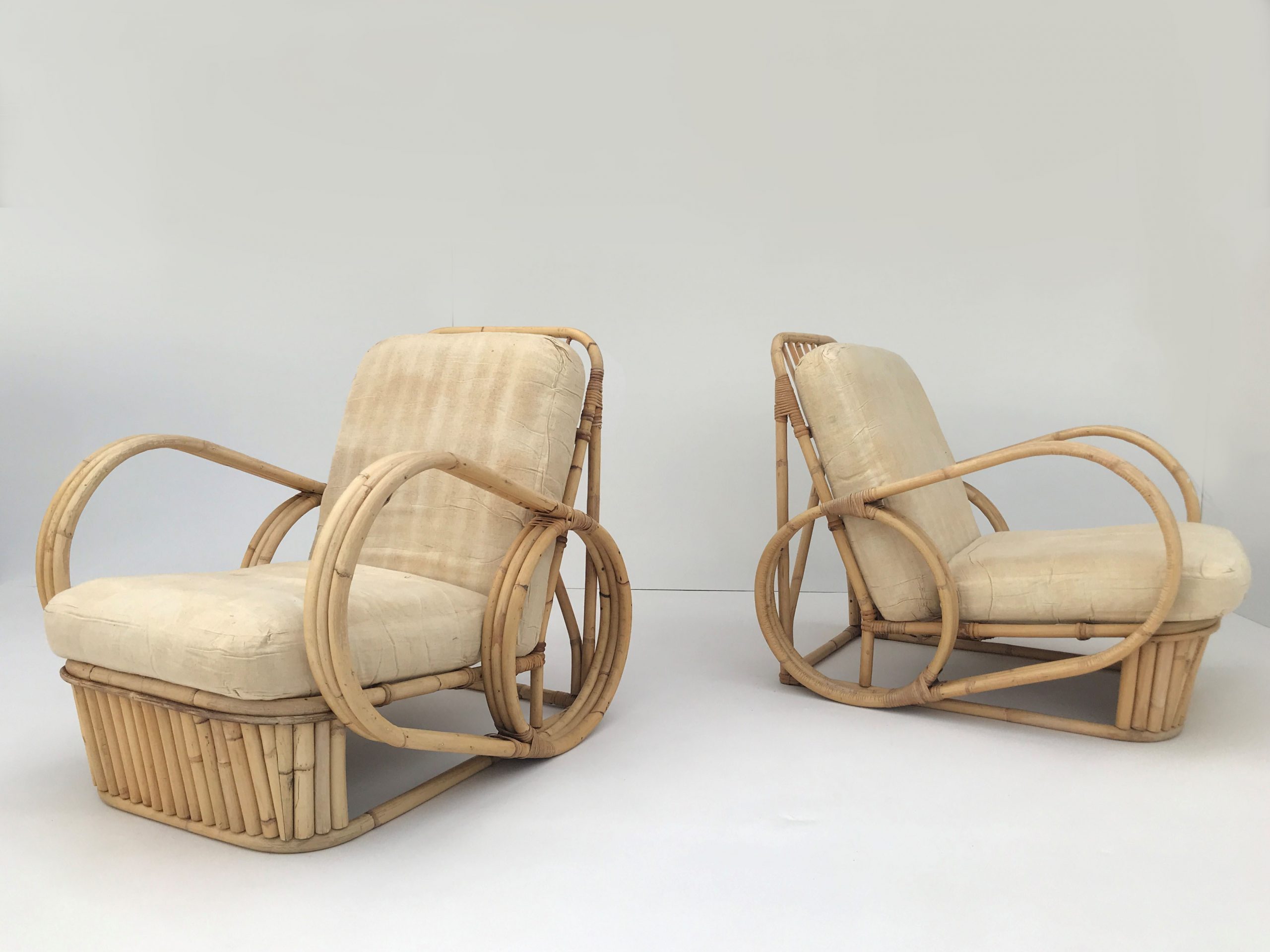 PAIR VINTAGE Cane Arm Chairs. Paul Frankl Pretzel Lounge Chairs. Art Deco Chairs. iNVISeDGE