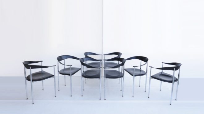S 8 Black Leather Arper Italy dining chairs. Vintage Designer. B B Italia Cassina era.